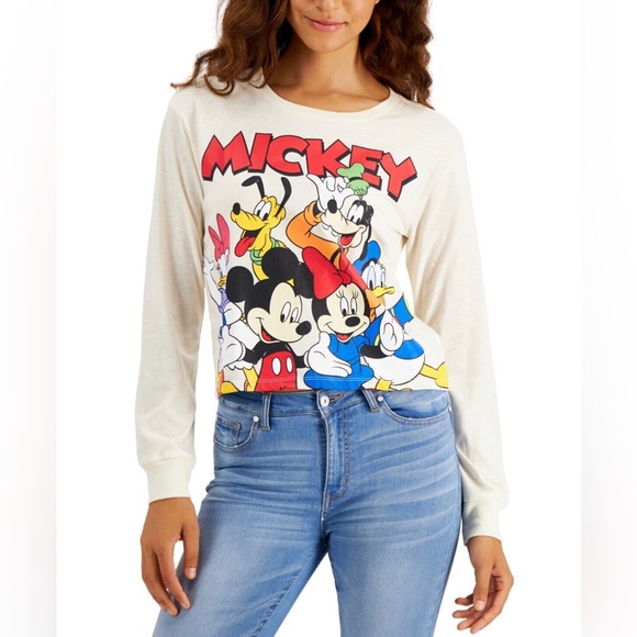 Disney Mickey Minnie Mouse Print Cropped Crew Neck Long Sleeves red tee SZ XXL - Picture 13 of 16